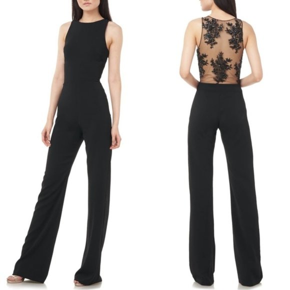 🆕️ NEW LOVE, THEIA Sequin Lace Illusion Back Sleeveless Crepe Jumpsuit 2 - Picture 1 of 10